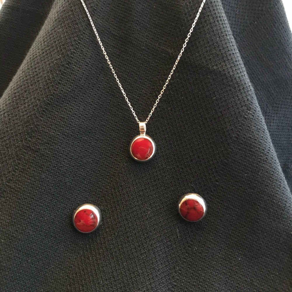 Silver and red enamel necklace and earrings